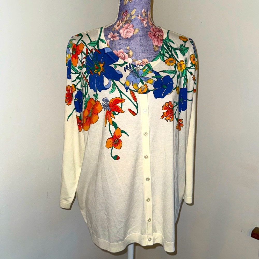 Elegant White Colorful Floral 3X Talbots Charming Cardigan Vivid Botanical